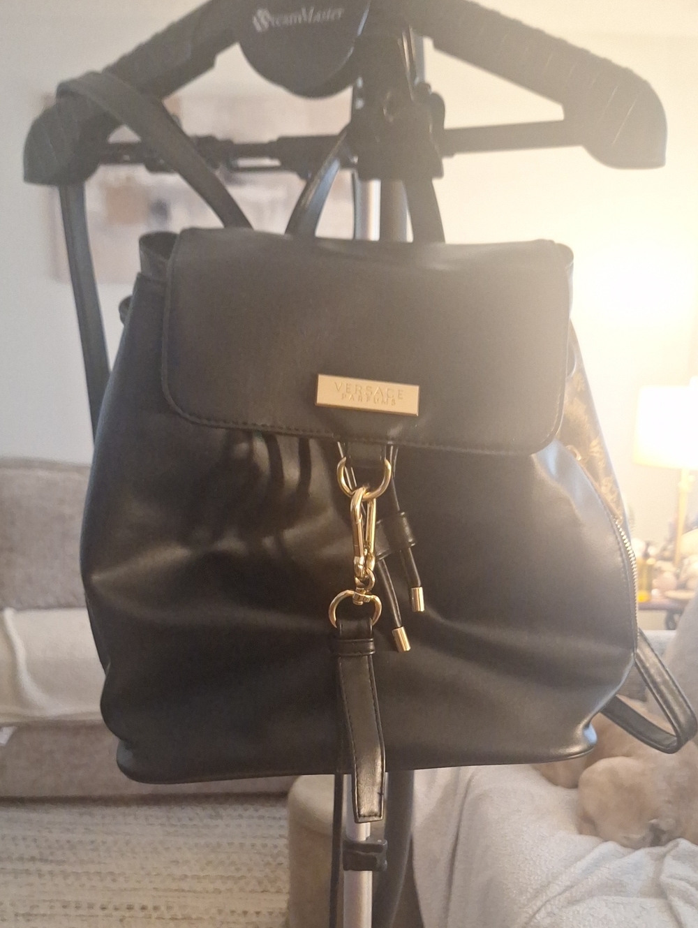 Versace Perfumes Black Faux Backpack with Gold Hardware